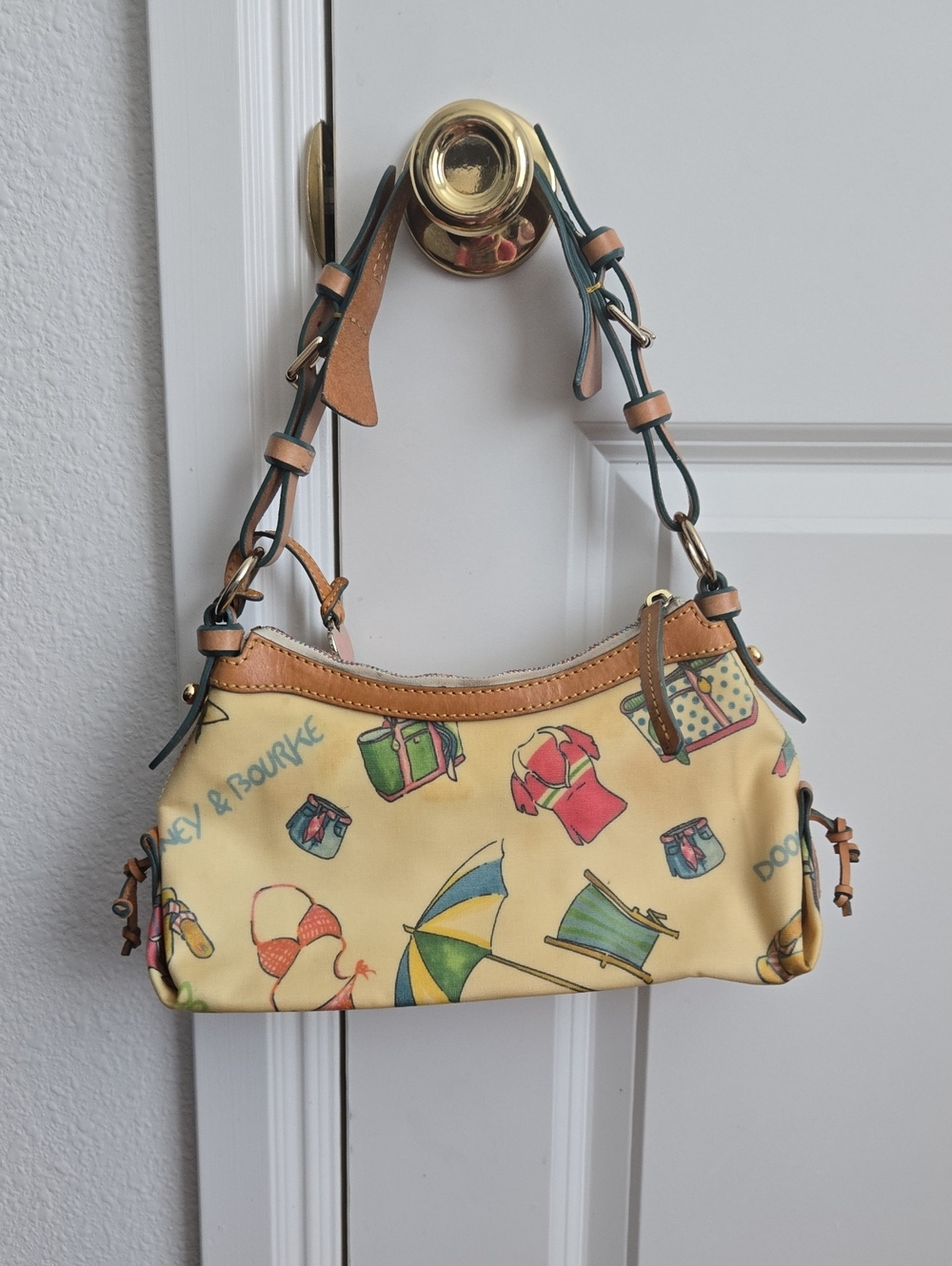 Dooney & Bourke Cream and Tan Shoulder Bag with Leather Trim RARE PRINT